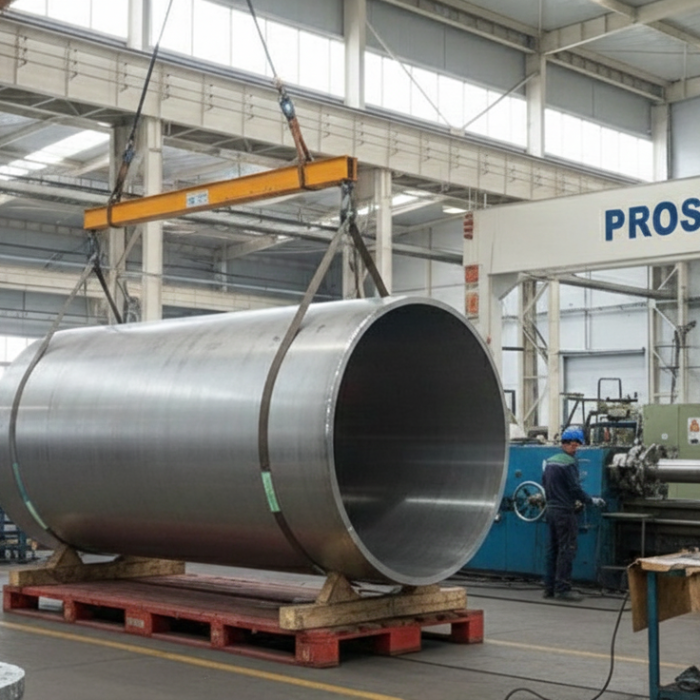 Inside a large industrial manufacturing facility, a massive polished steel cylinder is suspended by an overhead crane above a red pallet. In the background, a worker in a blue uniform and helmet operates machinery, while a sign reading "PROSTEEL SUPPLY" is visible on the wall. Additional large metal components and industrial equipment fill the spacious, well-lit workshop